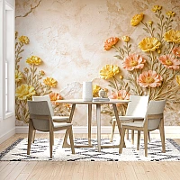 Warm Floral Wall Mural – Soft Beige Orange Botanical Design