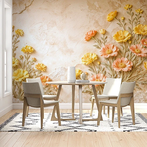 Warm Floral Wall Mural – Soft Beige Orange Botanical Design