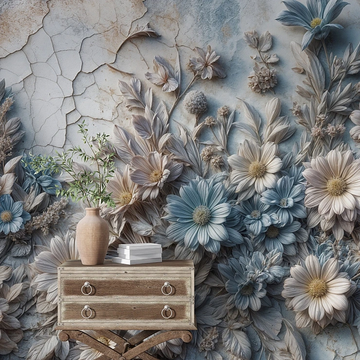 Vintage Floral Texture Wall Mural – Soft 3D Botanical Design
