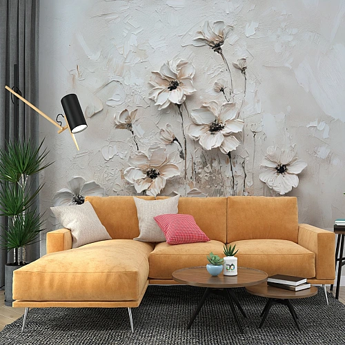 Textured 3D Floral Wall Mural – Artistic Plaster Flower Design