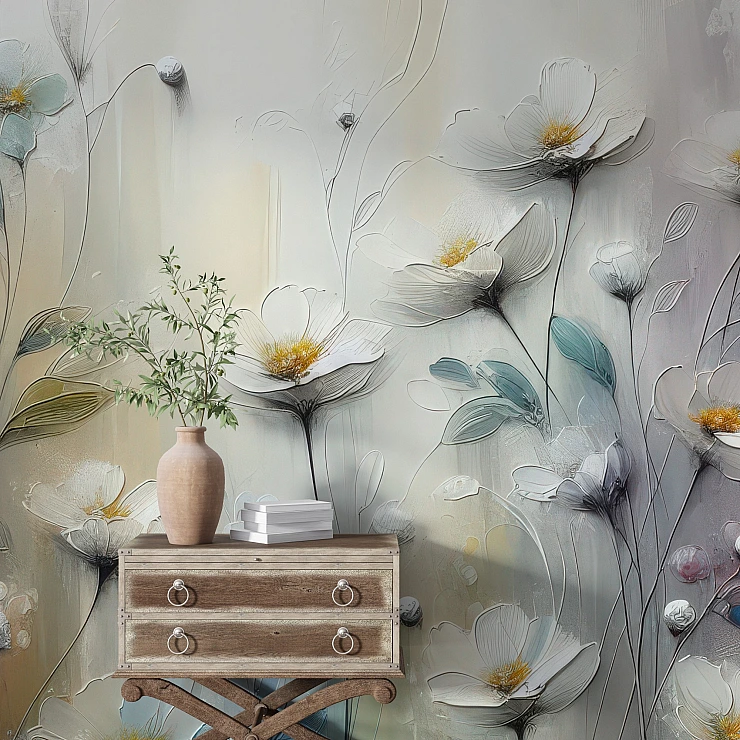 Soft 3D Floral Wall Mural – Elegant Neutral Blossom Design Soft 3D Floral Wall Mural – Elegant Neutral Blossom Design