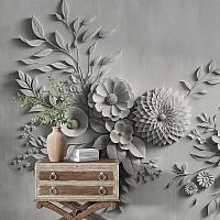 3D Grey Floral Wall Mural – Elegant Monochrome Botanical Design