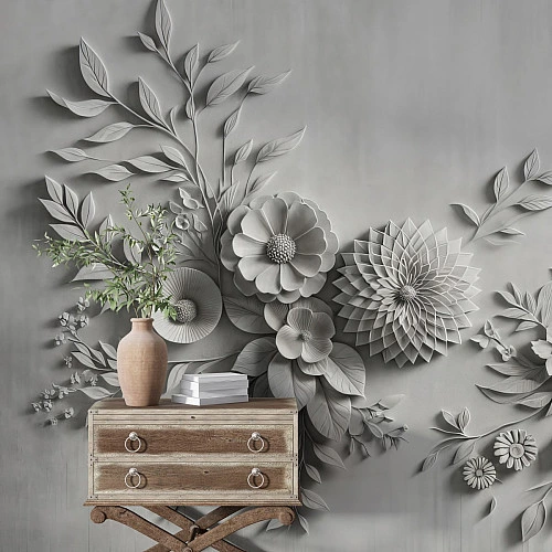 3D Grey Floral Wall Mural – Elegant Monochrome Botanical Design