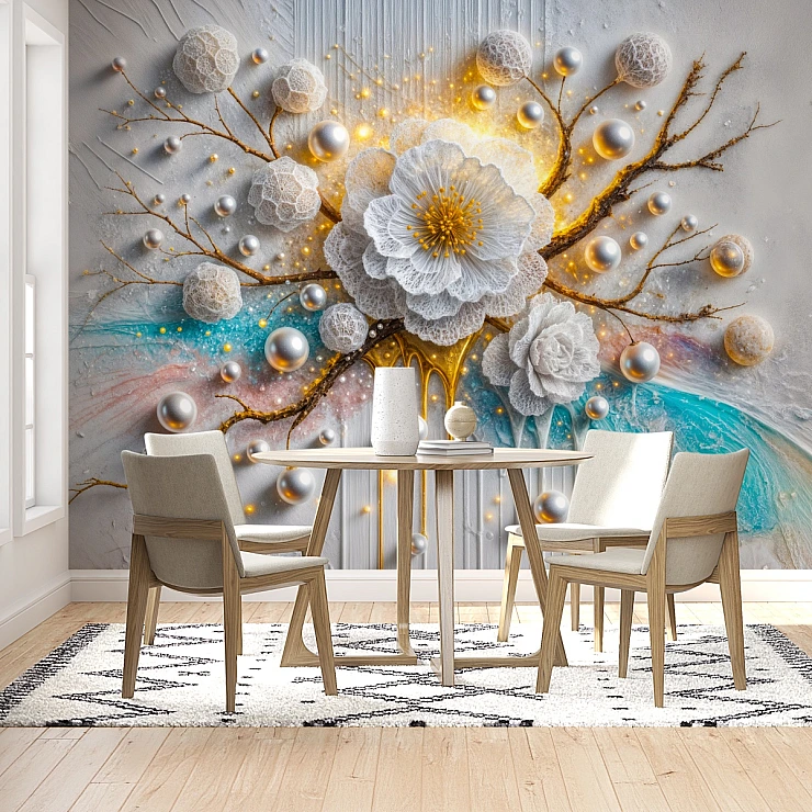 White 3D Flower Wall Mural – Luxury Gold Light Artistic Design White 3D Flower Wall Mural – Luxury Gold Light Artistic Design