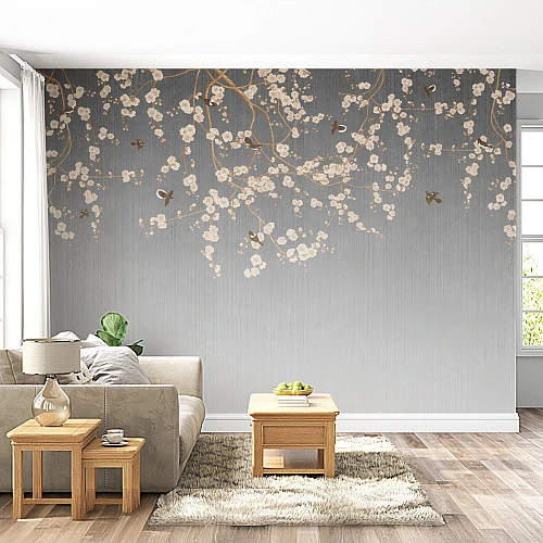 Elegant Blossom Branch Wall Mural – Soft Grey Floral Design
