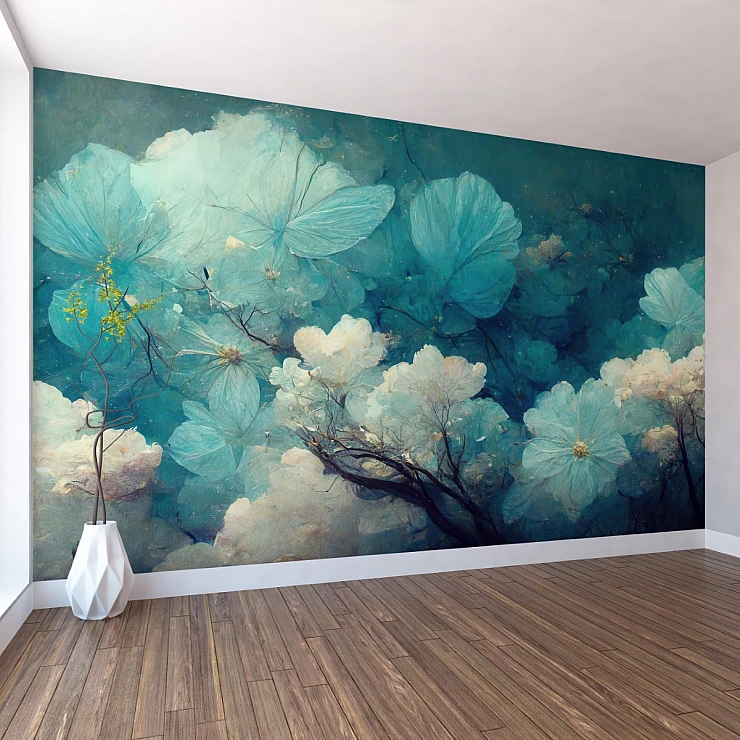 Teal Floral Art Wall Mural – Dreamy Botanical Painting Design