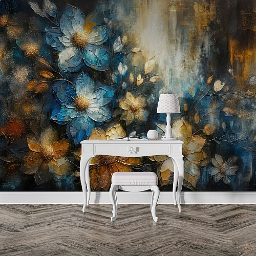 Dark Blue Gold Floral Wall Mural – Luxury Abstract Blossom Design
