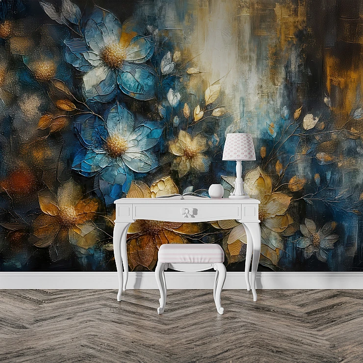 Dark Blue Gold Floral Wall Mural – Luxury Abstract Blossom Design Dark Blue Gold Floral Wall Mural – Luxury Abstract Blossom Design