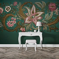 Vintage Floral Embroidery Wall Mural – Emerald Pink Ornamental Design