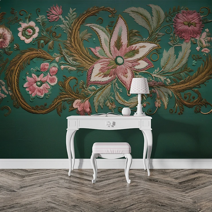 Vintage Floral Embroidery Wall Mural – Emerald Pink Ornamental Design Vintage Floral Embroidery Wall Mural – Emerald Pink Ornamental Design