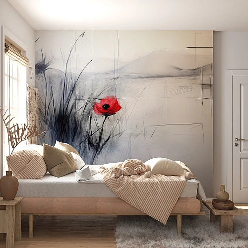 Red Poppy Abstract Wall Mural – Minimal Artistic Floral Design