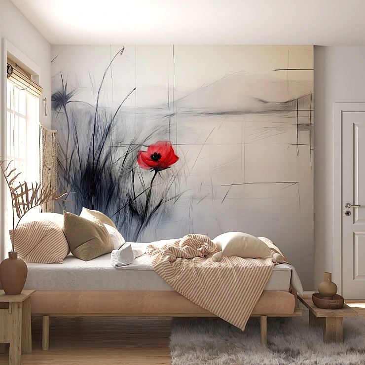 Red Poppy Abstract Wall Mural – Minimal Artistic Floral Design Red Poppy Abstract Wall Mural – Minimal Artistic Floral Design