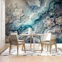 Teal Marble Floral Wall Mural – Elegant 3D Botanical Art Design