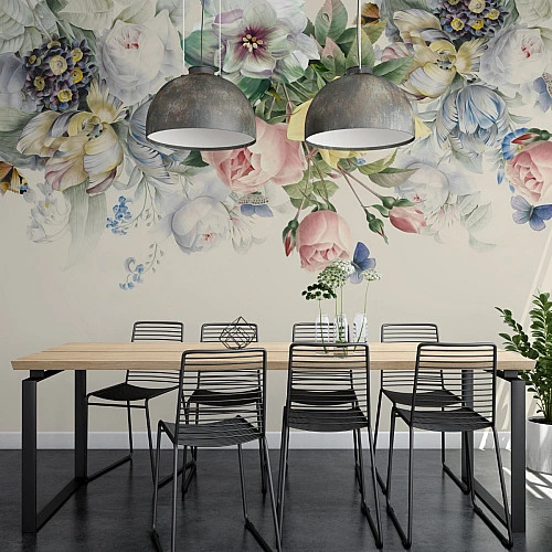 Elegant Watercolor Floral Wall Mural – Soft Botanical Bouquet Design