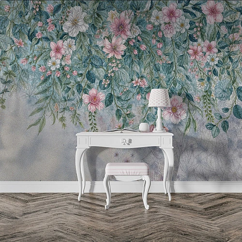 Vintage Hanging Floral Wall Mural – Elegant Botanical Canopy Design