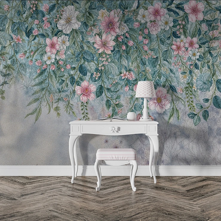 Vintage Hanging Floral Wall Mural – Elegant Botanical Canopy Design