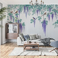Wisteria Birds Wall Mural – Elegant Floral Nature Scene Design