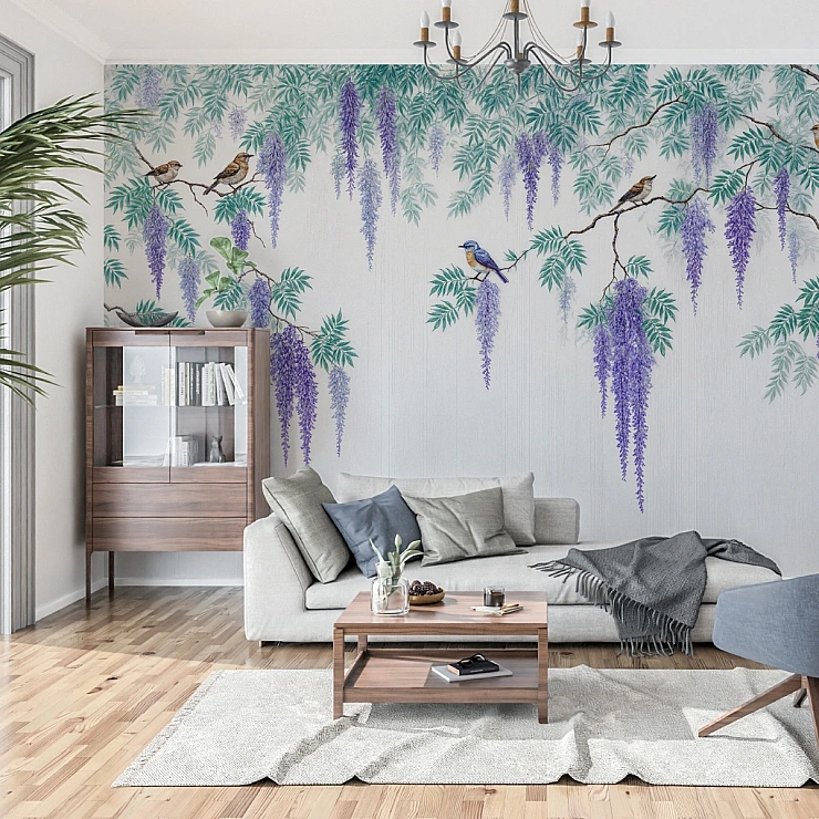 Wisteria Birds Wall Mural – Elegant Floral Nature Scene Design