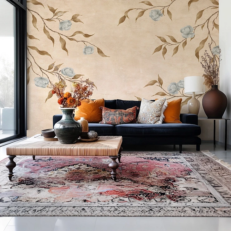 Beige Vintage Floral Wall Mural – Elegant Botanical Branch Design