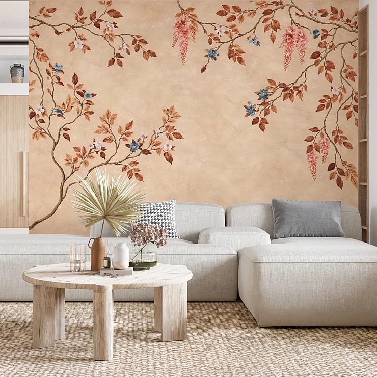 Warm Autumn Floral Branch Wall Mural – Beige Botanical Nature Design