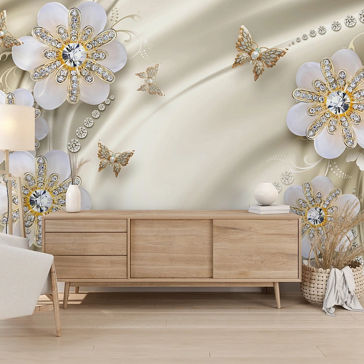 Luxury White Floral Wall Mural – Gold Crystal Butterfly Design Luxury White Floral Wall Mural – Gold Crystal Butterfly Design