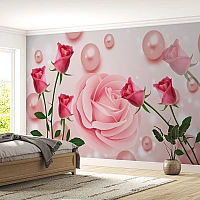 3D Pink Rose Garden Wall Mural – Elegant Floral Bubble Design