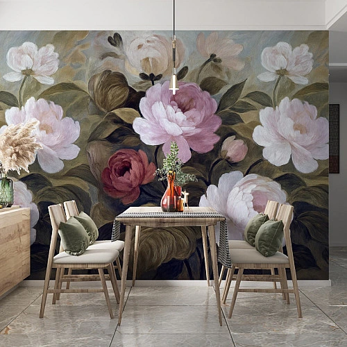 Vintage Oil Floral Wall Mural – Classic Peony Garden Design