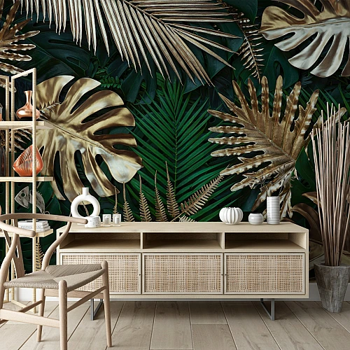 Luxury Tropical Leaf Wall Mural – Dark Green Gold Botanical Design