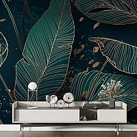 Dark Tropical Leaves Wall Mural – Gold Line Modern Botanical Wallpaper for Living Room