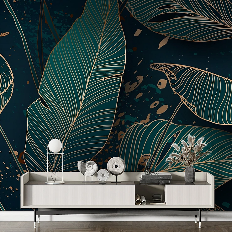 Dark Tropical Leaves Wall Mural – Gold Line Modern Botanical Wallpaper for Living Room