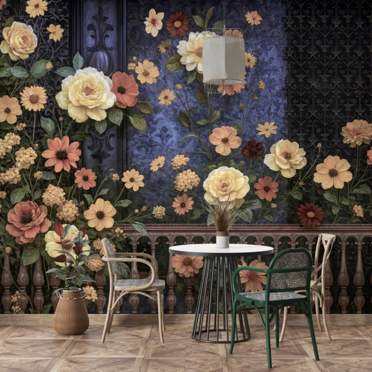 Vintage Dark Floral Wall Mural – Elegant Botanical Garden Design Vintage Dark Floral Wall Mural – Elegant Botanical Garden Design