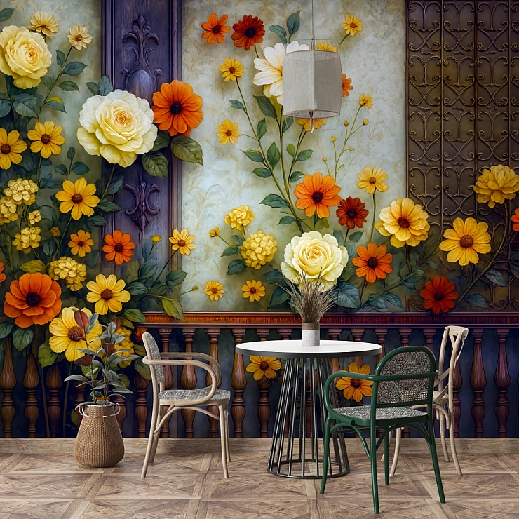 Vintage Floral Wall Mural – Warm Retro Flower Wallpaper for Cafe & Living Spaces Vintage Floral Wall Mural – Warm Retro Flower Wallpaper for Cafe & Living Spaces