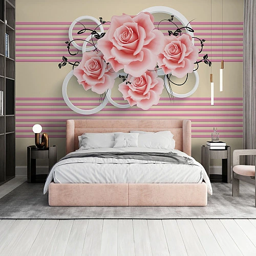 3D Pink Rose Wall Mural – Modern Striped Floral Design