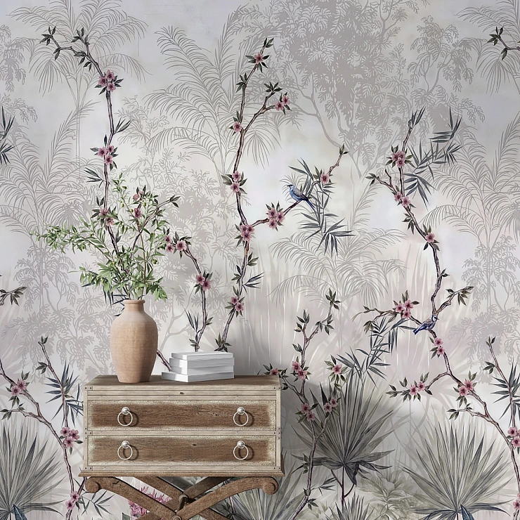 Elegant Oriental Blossom Wall Mural – Soft Botanical Bird Design