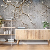 White Blossom Branch Wall Mural – Minimal Elegant Floral Design