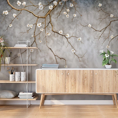 White Blossom Branch Wall Mural – Minimal Elegant Floral Design