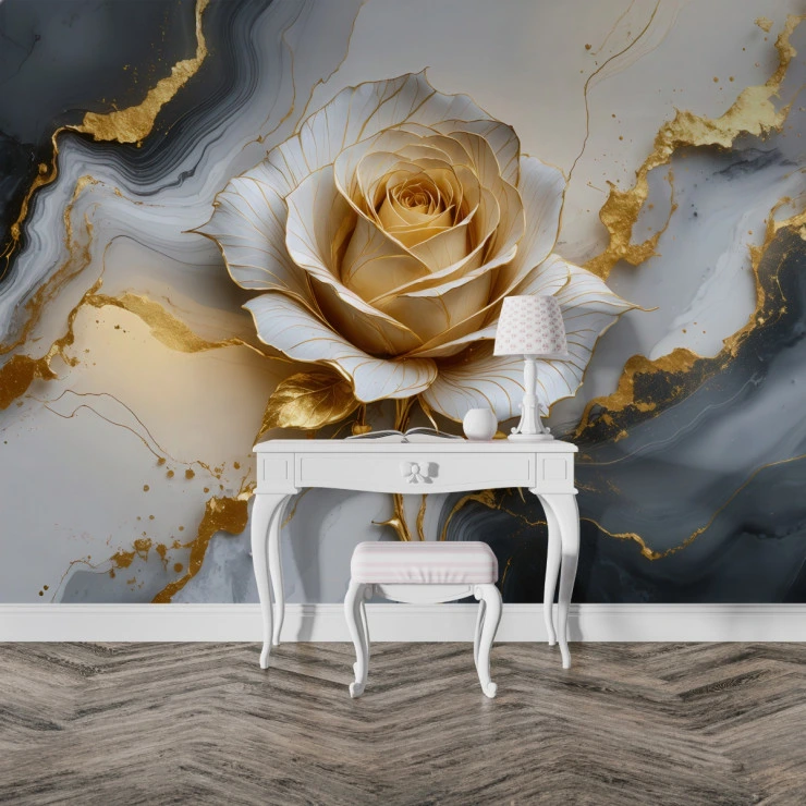 Golden Rose Marble Wall Mural – Luxury Floral Abstract Design