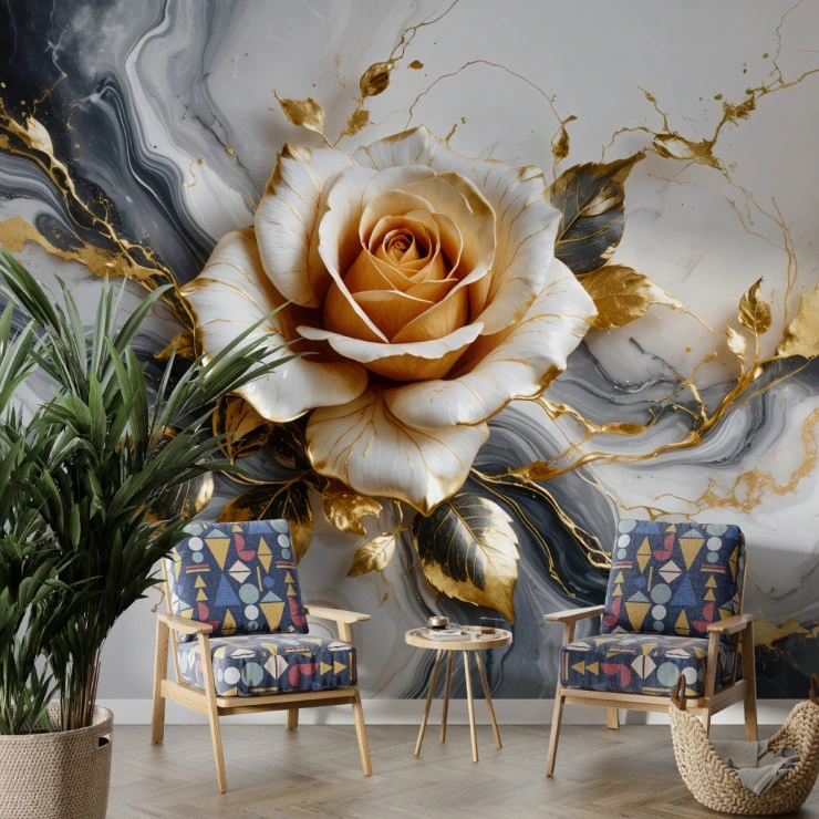 Golden Rose Marble Wall Mural – Elegant Luxury Floral Design Golden Rose Marble Wall Mural – Elegant Luxury Floral Design