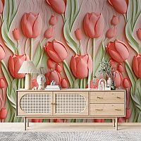 3D Tulip Floral Wall Mural – Soft Pink Spring Garden Design