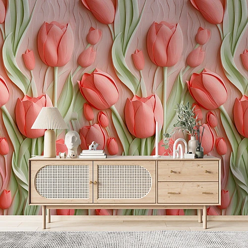 3D Tulip Floral Wall Mural – Soft Pink Spring Garden Design
