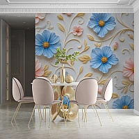 Pastel Blue Floral Wall Mural – Elegant 3D Gold Accent Design