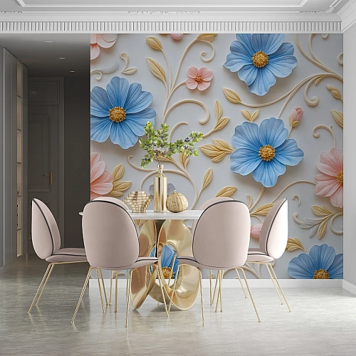 Pastel Blue Floral Wall Mural – Elegant 3D Gold Accent Design