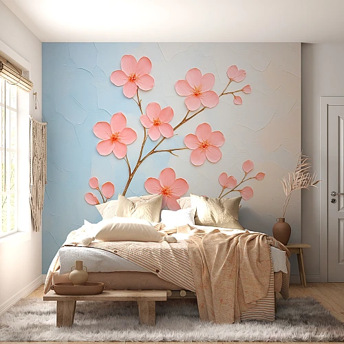 Pastel Pink Blossom Wall Mural – Soft Blue Romantic Floral Design