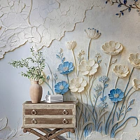 3D Floral Relief Wall Mural – Soft Blue Beige Elegant Design