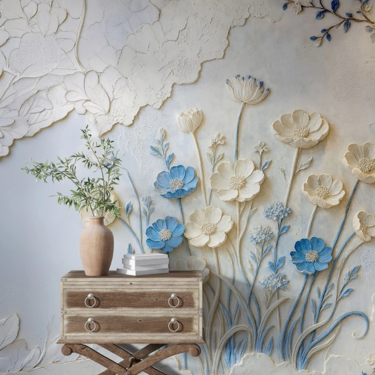 3D Floral Relief Wall Mural – Soft Blue Beige Elegant Design