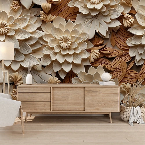 Beige 3D Floral Wall Mural – Layered Wood Tone Botanical Design