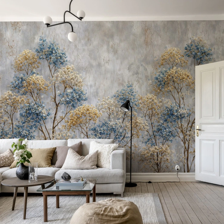 Blue Gold Tree Wall Mural – Elegant Textured Nature Design