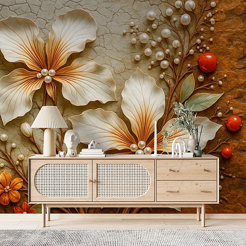 Beige 3D Floral Wall Mural – Warm Neutral Luxury Botanical Design