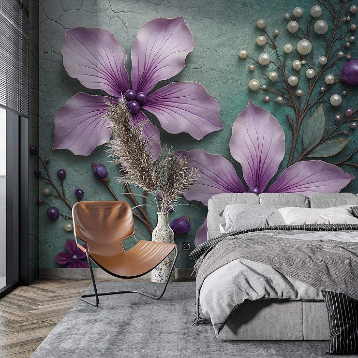 Luxury White Floral Wall Mural – Gold Branch Blue Marble Design Luxury White Floral Wall Mural – Gold Branch Blue Marble Design
