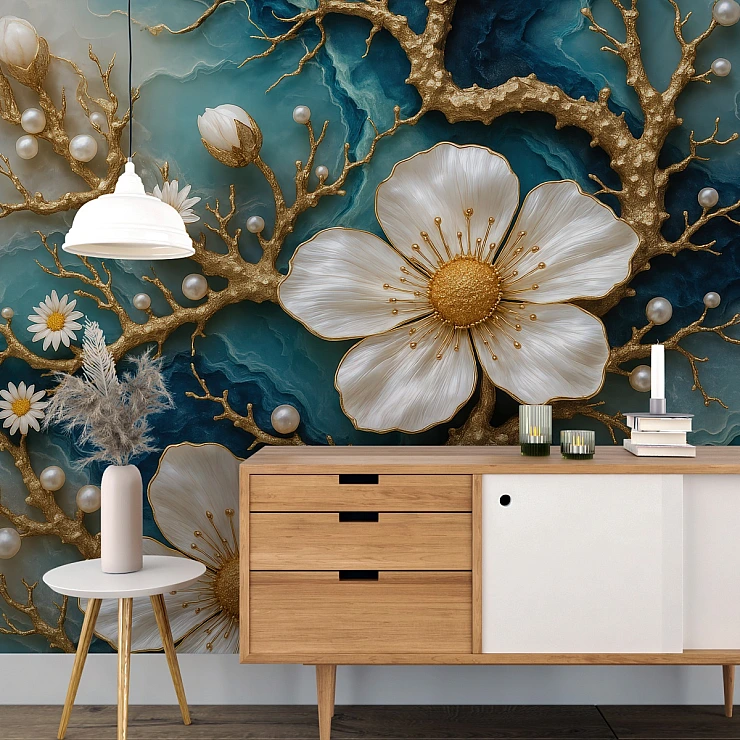White Floral Gold Branch Wall Mural – Luxury Blue Artistic Design
